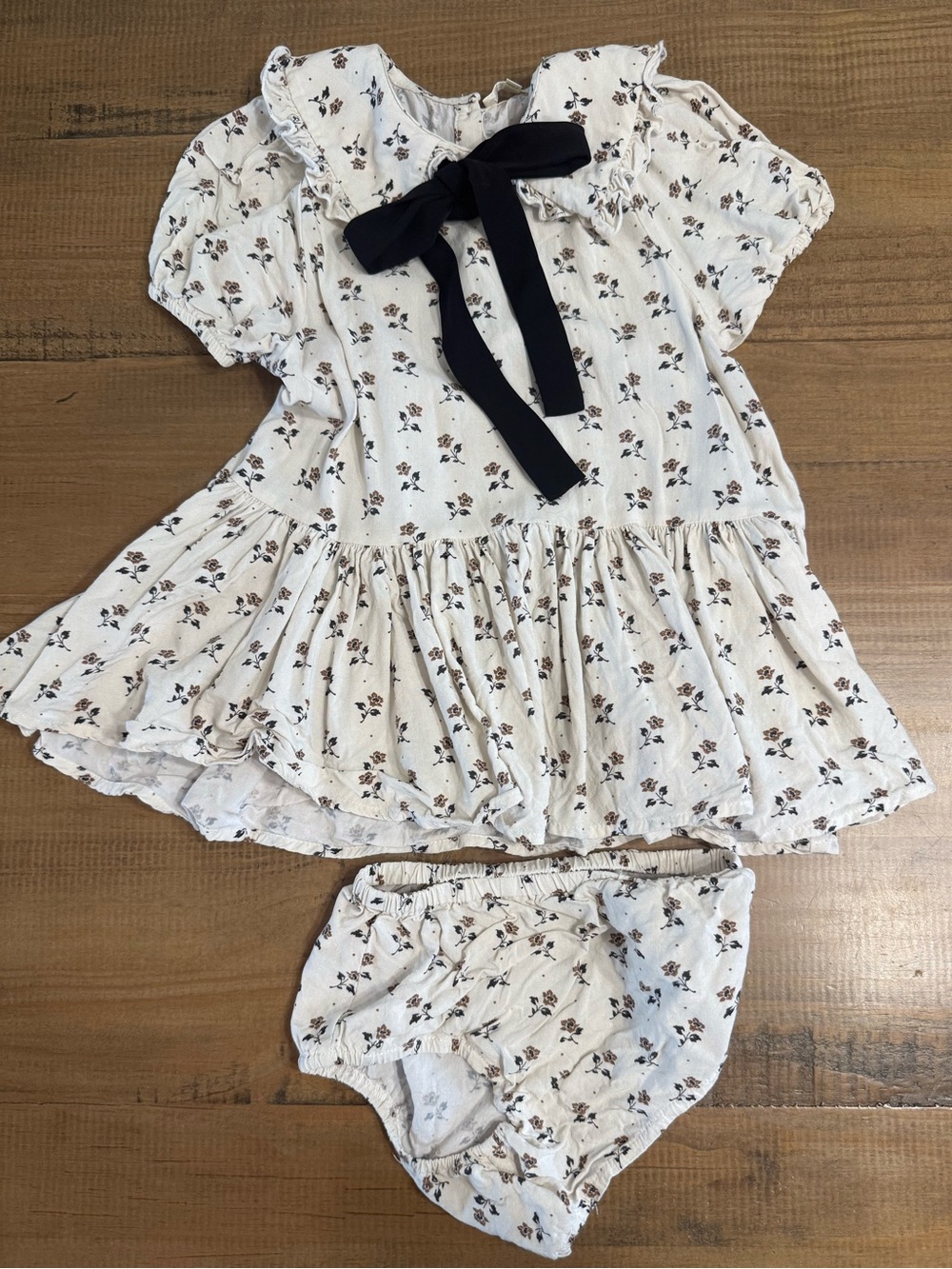 Noralee Cream Floral Baby Dress with Black Bow - 2t